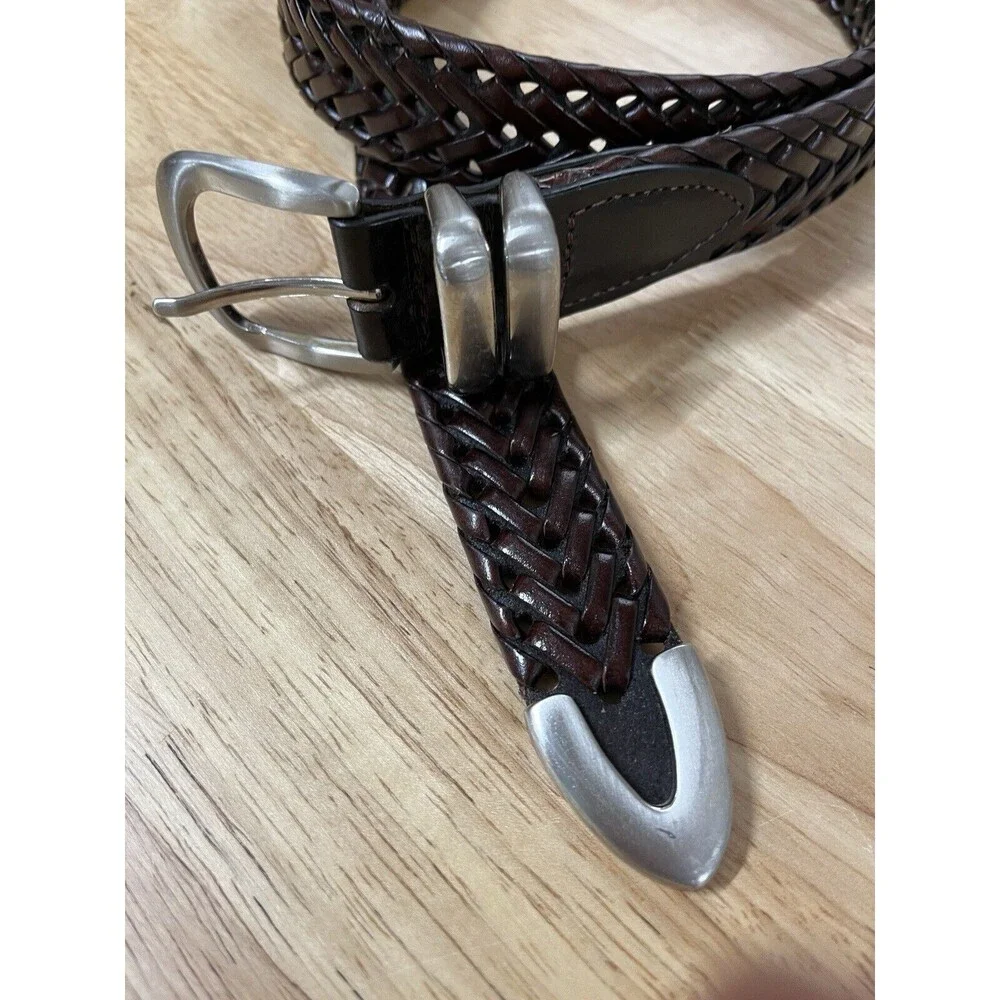 Mens 100% Leather Woven Belt. Heavy Silver Buckle Sz 42 Some‎ wear on inside